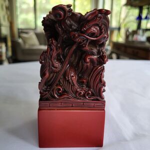 Sou Shan Stone Ware Carved Dragons Statue Red Cinnebar Color